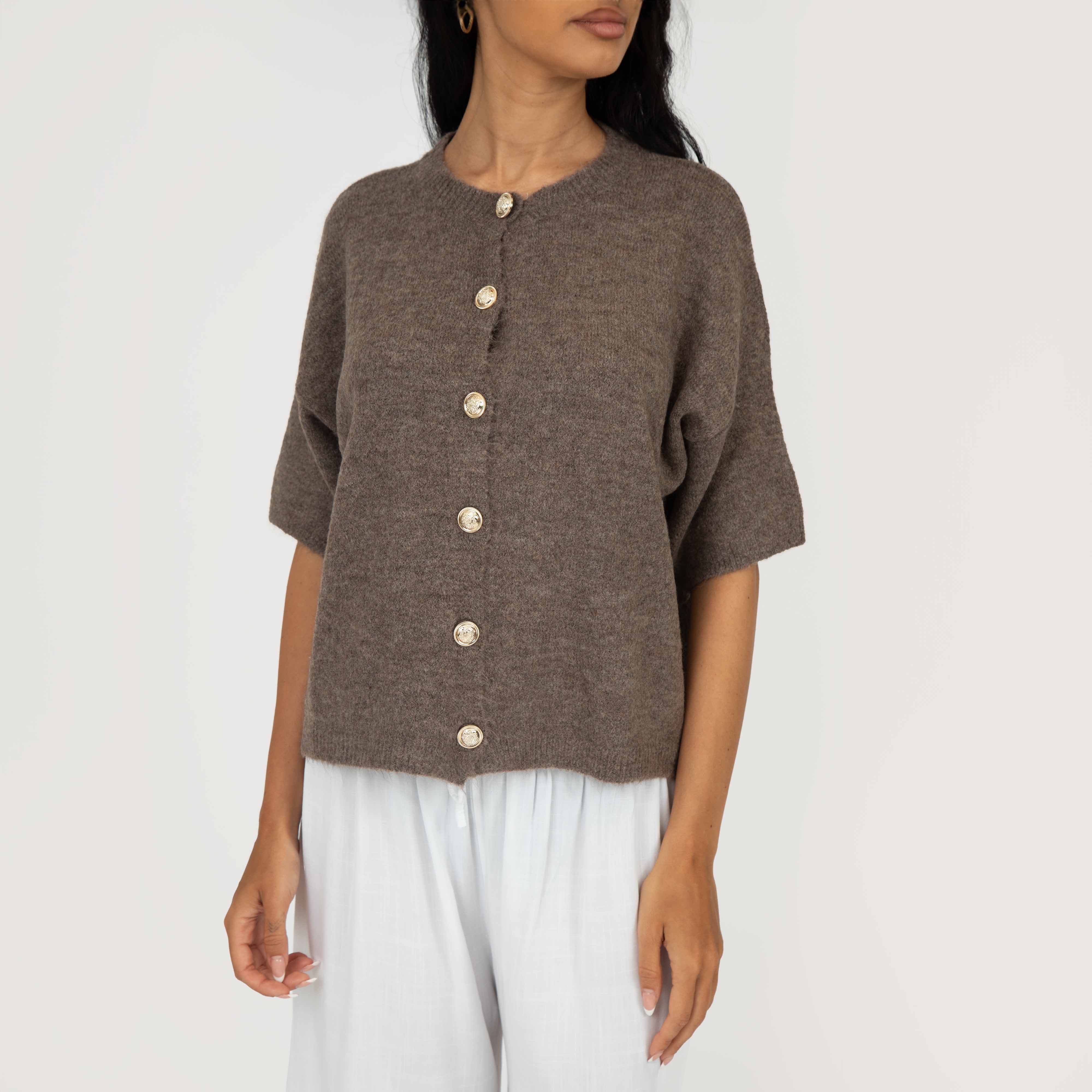Feinstrick Kurzarm Cardigan mit Goldknöpfen