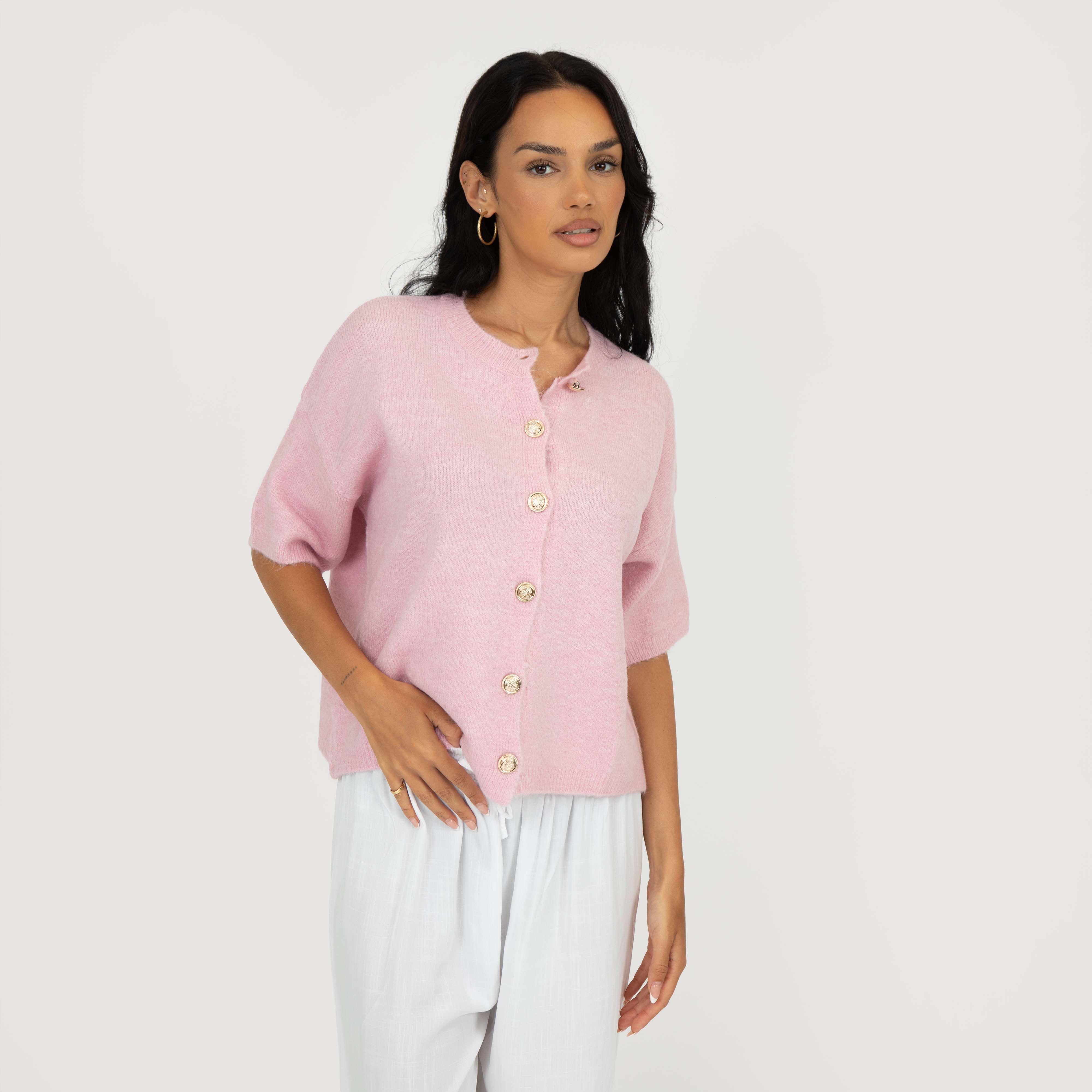 Feinstrick Kurzarm Cardigan mit Goldknöpfen